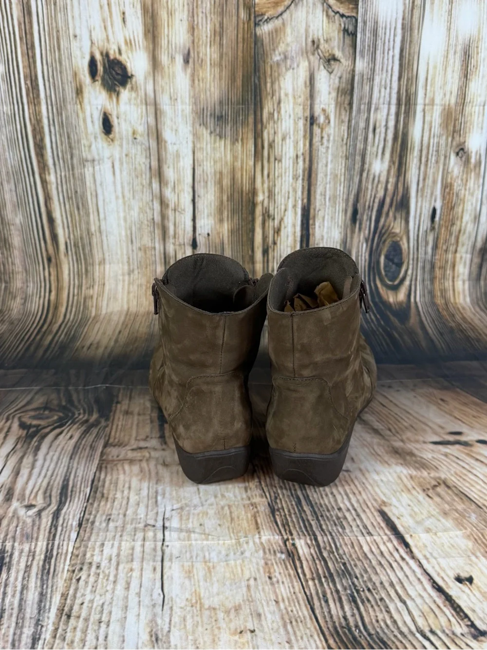 Munro American Nubuck Ankle Boots Womens 8.5 N Olive Brown Double Zip Wedge